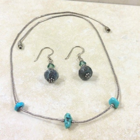 Silver Green Blue Jewelry Necklace Earrings Set Women Trinket Jewelry Gift VTG - Picture 11 of 11